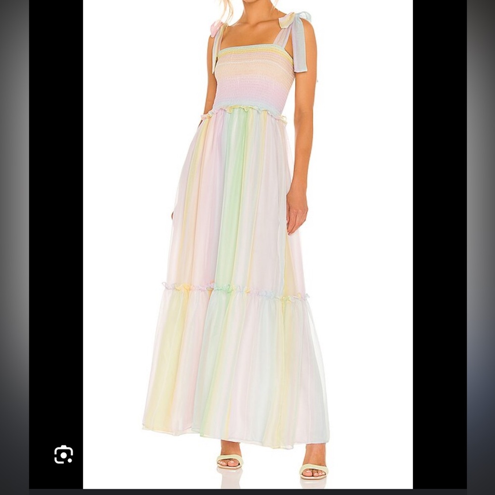 Amanda Uprichard Lillet Maxi Dress Rainbow Pastel Smocked Tie Strap Size XS